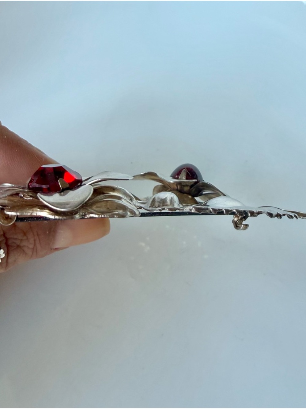 Vintage Gold Over Sterling Silver Large Red Cabochon Floral Bouquet Brooch Pin - Picture 14 of 16